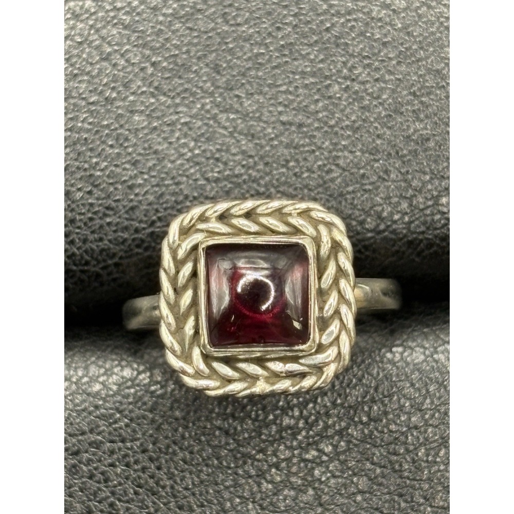 EUC Sterling Silver Double Rope Genuine Cab Garnet Ring Size 7.5 H10